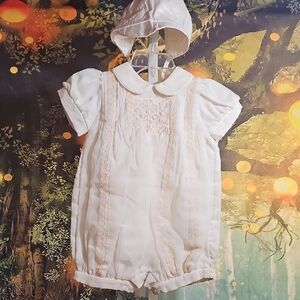 Classic White Baby Romper with Hat Communion Baptism Wedding